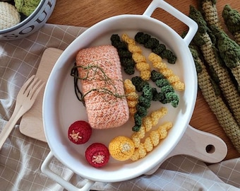 Crochet Salmon & Pasta Play Food Set: Montessori Kitchen Toy, Educational Pretend Play Set, Kitchen accessories
