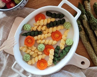 Set pasta fusilli with vegetables. Play food for children's kitchen. Pretend play restaurant. Kids kitchen accessories. Montessori learning