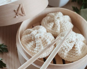 Crochet dim sum dumplings, Xiao long bao, for play kids kitchen, Pretend play restaurant, kitchen accessories, educational toys for toddler