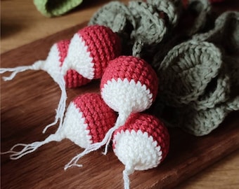 Légume au crochet - radis, jouets de cuisine pour enfants, nourriture pour faire semblant, accessoires d'épicerie, Waldorf, éducation montessori, cadeau d'anniversaire.