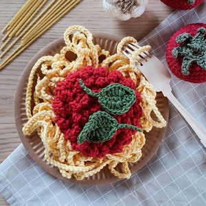 Crochet food spaghetti. Pasta with tomato sauce. Kids kitchen accessories Pretend play food, dinners set, fake fun food, realistic play food image 1