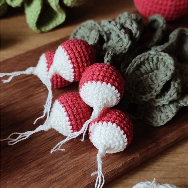 Légume au crochet - radis, jouets de cuisine pour enfants, nourriture pour faire semblant, accessoires d'épicerie, Waldorf, éducation montessori, cadeau d'anniversaire.