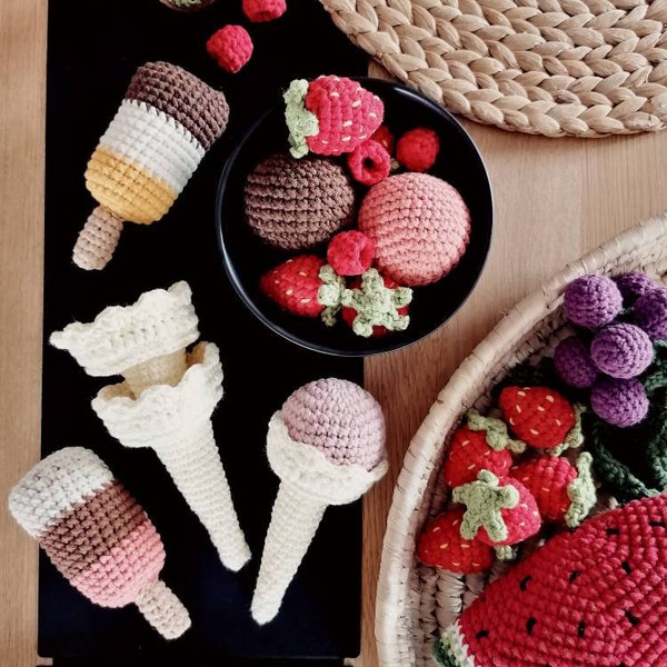 Crochet ice cream, play kids kitchen accessories. Play food for toddler, crochet sweet, confectionery, cafe, montessori toys, birthday gift