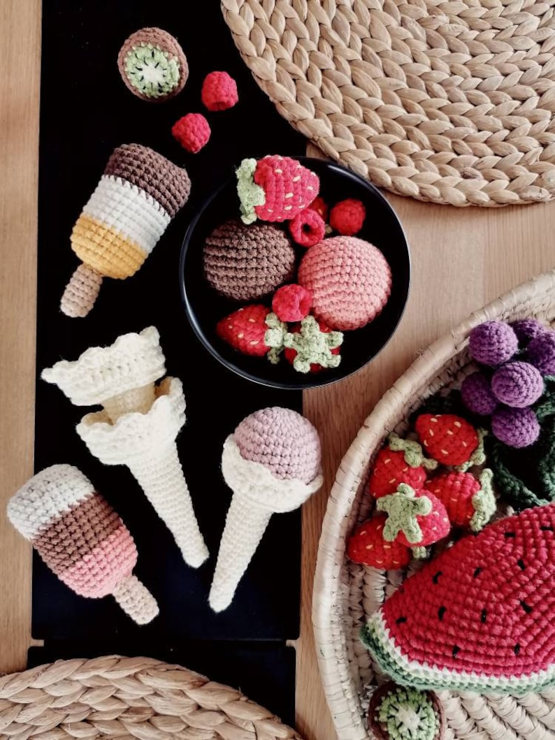 Crochet ice cream, Play kitchen accessories. Kids kitchen toys.