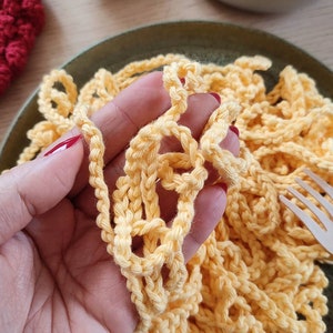 Crochet food spaghetti. Pasta with tomato sauce. Kids kitchen accessories Pretend play food, dinners set, fake fun food, realistic play food image 4