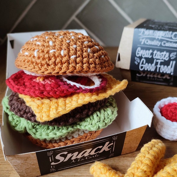 Cheeseburger au crochet, hamburger pour cuisiner des enfants, faire semblant de jouer avec de la nourriture amusante, restaurant, ensemble de cuisine pour le dîner, accessoires de cuisine