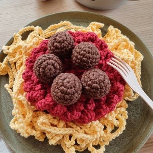 Conjunto de espaguete de crochê com almôndegas. Restaurante de brinquedo, Cozinha infantil de brinquedo, Conjunto de cozinha, Comida de brinquedo, Acessórios de cozinha infantil, Brinquedos ecológicos