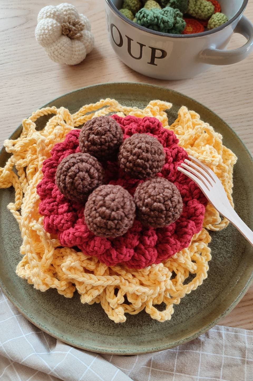 Crochet spaghetti set with meatballs. Pretend play restaurant, Play kids kitchen, cooking set, Play food, kids kitchen accessories, Eco toys
