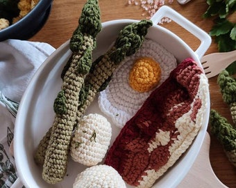 Crochet Play Food Set: Asparagus, Egg, Bacon, Potatoes, Educational Pretend Play Set, Kitchen accessories