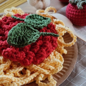 Crochet food spaghetti. Pasta with tomato sauce. Kids kitchen accessories Pretend play food, dinners set, fake fun food, realistic play food image 3