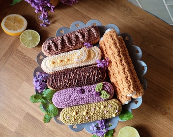 Crochet eclairs (set 5pcs), kids cafe, fun on the confectionery, kids candy shop, play food, pretend play kitchen, toddler pastry store toys