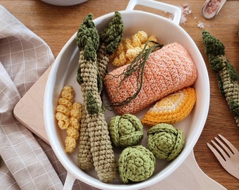 Crochet Play Food Set: Salmon & Vegetables for Kids Kitchen, Educational Pretend Play Set, Kitchen accessories