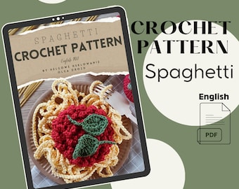 Könnte beinhalten: Ein digitales Tablet zeigt ein Häkelmuster für ein gehäkeltes Spaghetti-Gericht. Das Muster ist mit "Spaghetti Crochet Pattern" betitelt und ist in englischer Sprache. Das Bild zeigt eine Nahaufnahme des gehäkelten Spaghetti-Gerichts, das auf einem braunen Teller mit einer Holzgabel liegt.