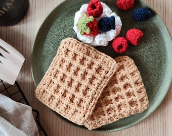 Crochet food - waffle for play children kitchen, waffle with whipped cream and fruit. Breakfast set, kitchen accessories, pretend play food.