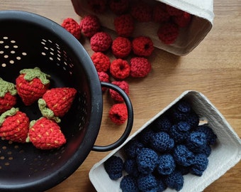 Set crochet fruits 10 raspberries, 10 blueberries. Play children's kitchen, accessories grocery store toys, pretend play food, birthday gift