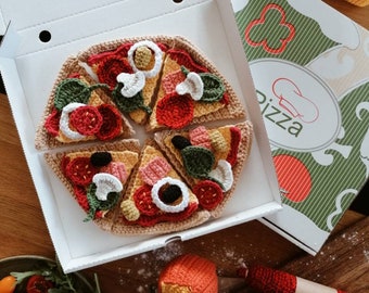 Crochet pizza in a box, play kids kitchen, pretend play food, play Italian restaurant, cooking toys set, birthday gift for toddler, cooking