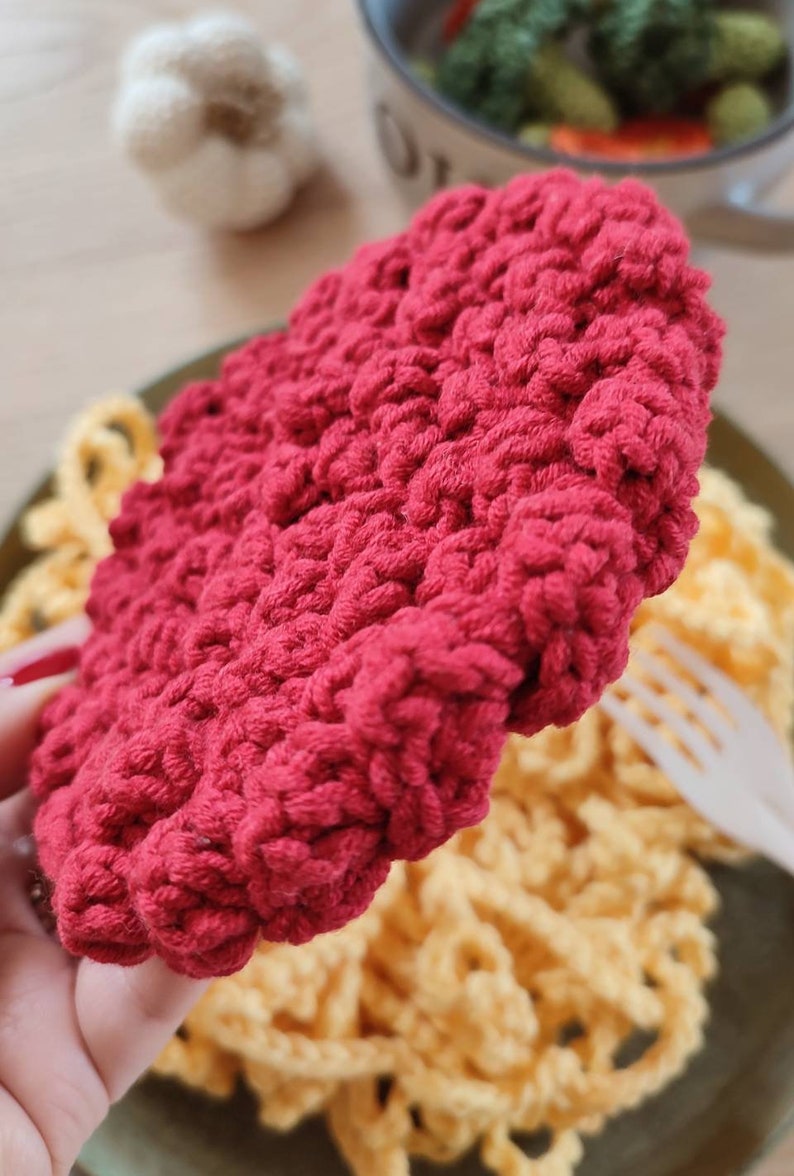 Crochet food spaghetti. Pasta with tomato sauce. Kids kitchen accessories Pretend play food, dinners set, fake fun food, realistic play food image 6