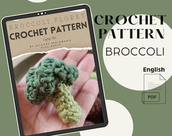 Könnte beinhalten: Ein digitales Download-Häkelmuster für einen Brokkoli, mit einem grün-gelben gehäkelten Brokkoli, der in einer Hand gehalten wird. Das Muster ist in englischer Sprache und als PDF-Download verfügbar.