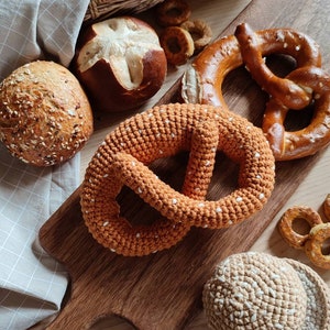 Crochet pretzel, pretend play food, grocery store. Kids kitchen accessories, bread for play bakery. Montessori educational toys for toddler