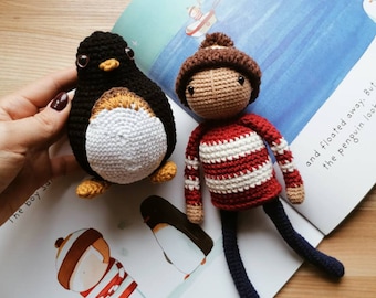 Gehäkelte Pinguine und Pinguin, Kuscheltiere, lustiges Geschenk für Babys. Kinderbuch Maskottchen. Verloren und gefunden Oliver Jeffers