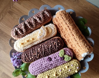 Crochet eclair, kids cafe, fun on the confectionery, kids candy shop, play food, pretend play, childrens kitchen, toddler pastry store toys.