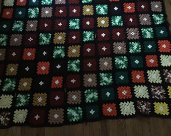 Colorful Vintage 1970s Boho Granny Square Afghan Blanket