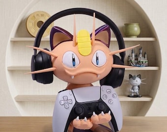Meowth Controller Holder & Headset Stand | 3D Printed Gaming Setup Accessory | Anime Desk Organizer PS5 Xbox Controller Mount