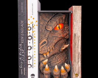 Handbemalte Drachen Buchecke - Fantasy Bücherregal Einsatz, Diorama Decor