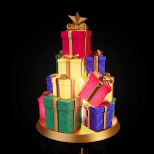 Puede incluir: Una composición festiva de cajas de regalo coloridas apiladas en forma de árbol, coronada con una estrella dorada. Los regalos son rojos, verdes, amarillos y azules, con cintas y lazos dorados. La base es una plataforma dorada.