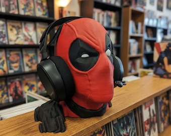 Deadpool Headphone Stand – handmade - Red Mask Desk Decor – Superhero Headphones Holder – Geek Office Gift