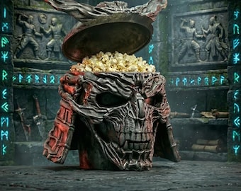 Hand Painted Mortal Kombat Skull Popcorn Bowl, Dark Fantasy Movie Night Decor