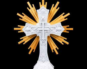 Wandkunst Heilige kruis – Marmeren sculptuur met gouden stralen – Religieus decor