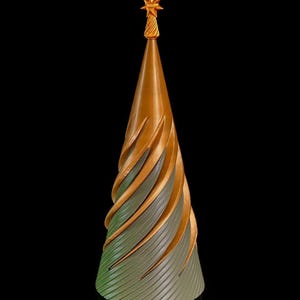 May include: A decorative Christmas tree with a spiral design. The tree is primarily gold and green, with a star on top. The tree has a textured, layered appearance and stands on a black surface.