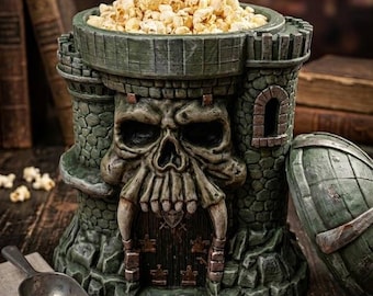 Malowany ręcznie szary skull - Zamek inspirowany He-Manem - Wiaderko popcornu - Wszechświat Master Fantasy
