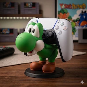 Op de afbeelding: Een groene Yoshi-figuur die een wit en zwarte PlayStation 5-controller vasthoudt. De figuur heeft een grote groene snuit, witte accenten en bruine schoenen. De controller heeft de standaard knoppenindeling. De figuur staat op een zwarte basis.