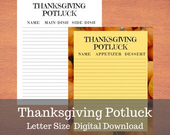 Thanksgiving Potluck Sign Up Sheet - PDF Instant Download