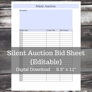 Silent Auction Bid Sheet Editable, Instant Download Editable PDF