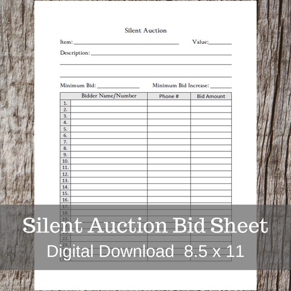 Silent Auction Bid Sheet, Instant Download Editable PDF