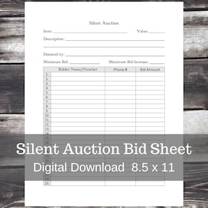 Silent Auction Bid Sheet, Instant Download Editable PDF