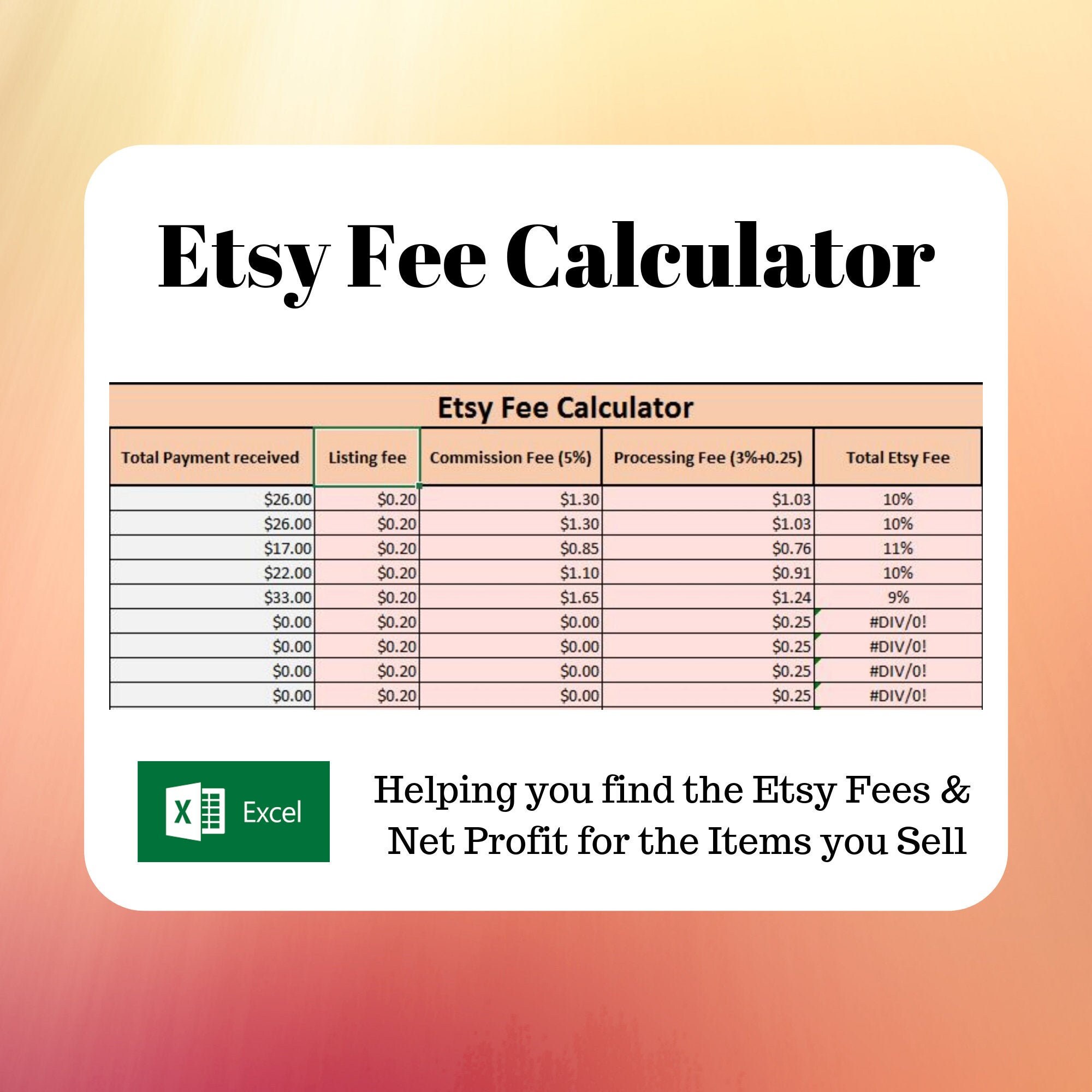 Etsy Fee Calculator Excel Template Digital Download Etsy