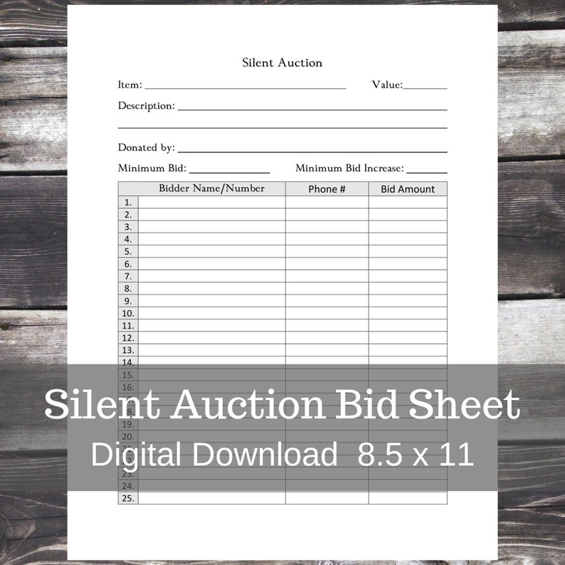 Silent Auction Bid Sheet Instant Download Editable PDF - Etsy