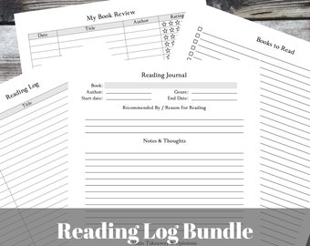 May include: Printable reading log bundle with three pages: a book review page, a reading journal page, and a books to read page. The pages are designed for 8.5 x 11 inch paper.