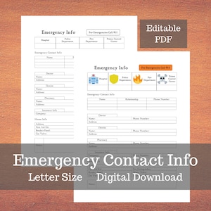 Emergency Contact Info, PDF Digital Download