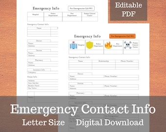 May include: Printable emergency contact information sheet with sections for hospital, police, fire department, poison control center, and emergency contact information. The sheet also includes sections for doctor, dentist, pharmacy, and house information. The sheet is labeled "Emergency Contact Info" and "Letter Size Digital Download".