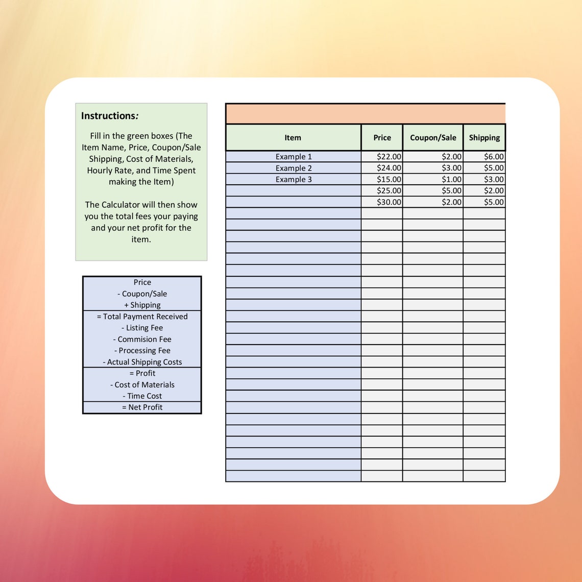 Etsy Fee Calculator Excel Template Digital Download Etsy UK