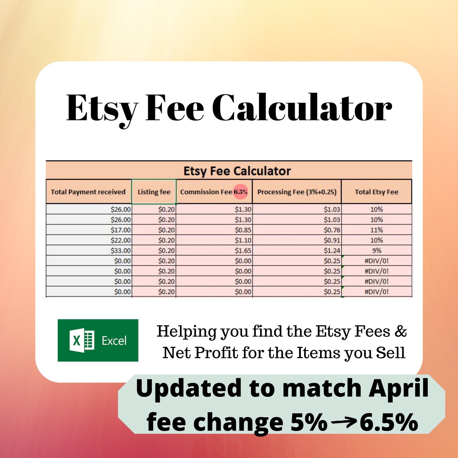 Etsy Fee Calculator Excel Template Digital Download Etsy UK
