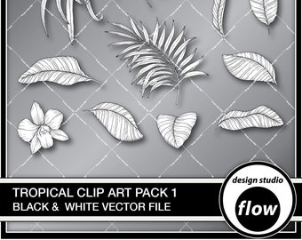 Éléments d'art clip tropical dessinés à la main - Pack vectoriel noir et blanc (DSF-TCA-1)