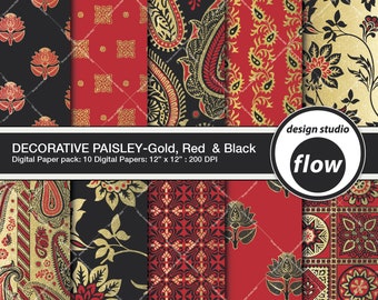 Digital Paper Pack-Décoratif Paisley-Or, Rouge & Noir (DSF-PDPP-1)