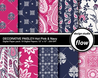 Digital Paper Pack-Decorative Paisley-Hot Pink - Navy (DSF-PDPP-3)
