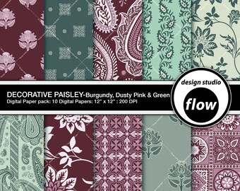 Digital Paper Pack-Decorative Paisley-Burgundy, Dusty Pink - Green (DSF-PDPP-2)